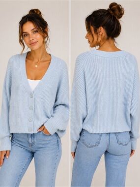 Dynamite Pale Blue V-Neck Button Ribbed Cardigan